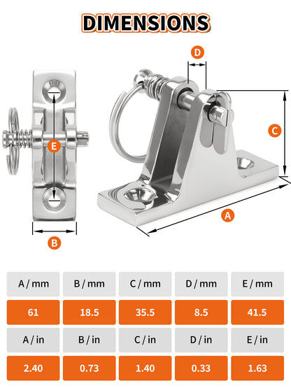 316 Stainless Steel Bimini Top Deck Hinge with Quick-Release Pins and Rings, Marine Grade Boat Hardware with Mounting Screws for Pontoon, Kayak and Yacht, 2-Pack/4-Pack