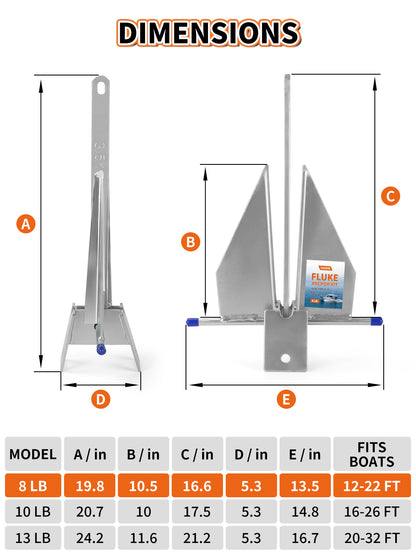 8/10/13 LB Fluke Anchor Kit with 100 FT Nylon Rope, Chain and Shackles, Danforth Anchor for Pontoon, Dinghies, Fishing and Bass Boats 12-32 FT