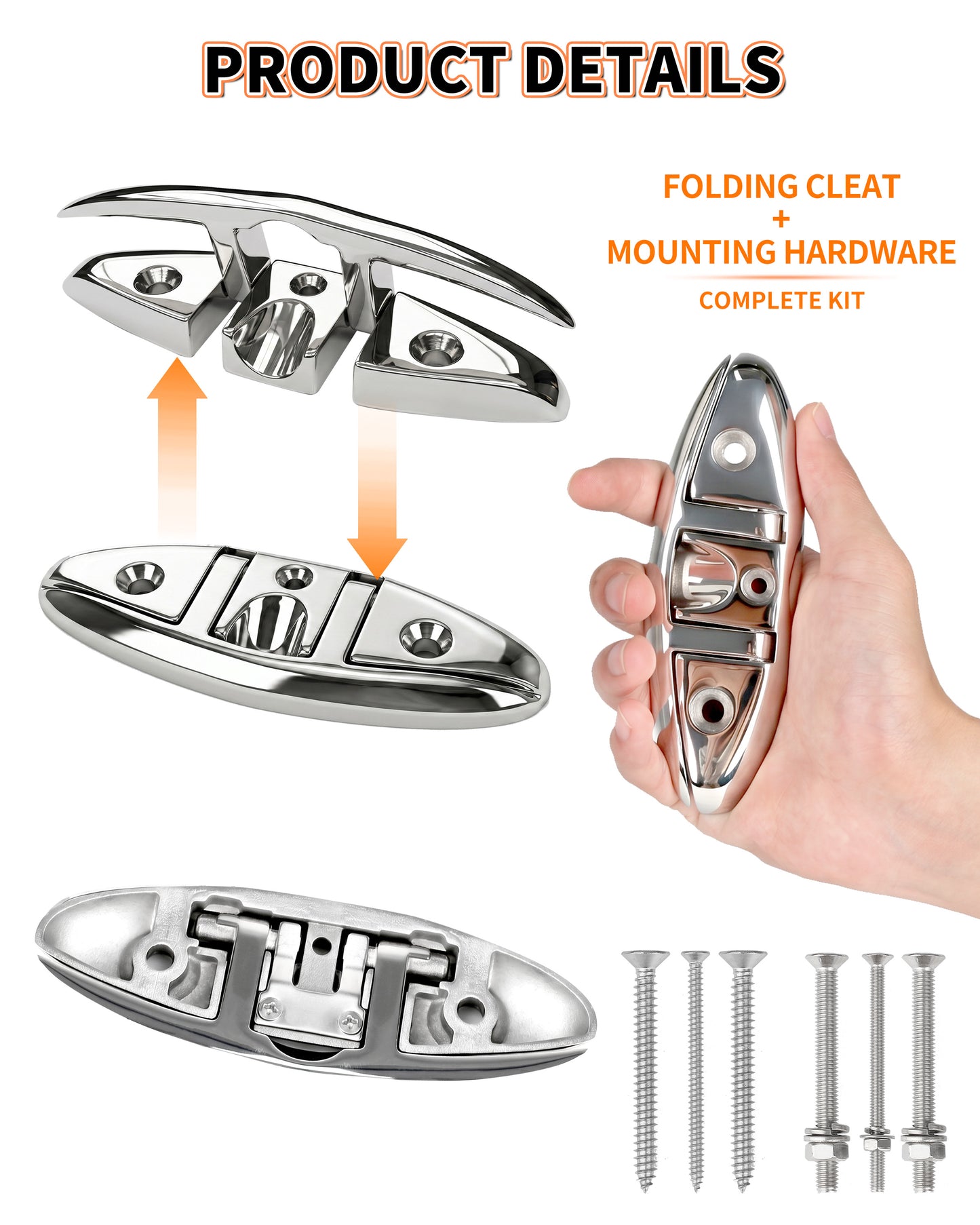 5" Flip Up Boat Cleat, 316 Stainless Steel Folding Dock Cleat with Fasteners, Marine Grade Rope Cleats for Kayak, Yacht & Pontoon, 2-Pack/4-Pack