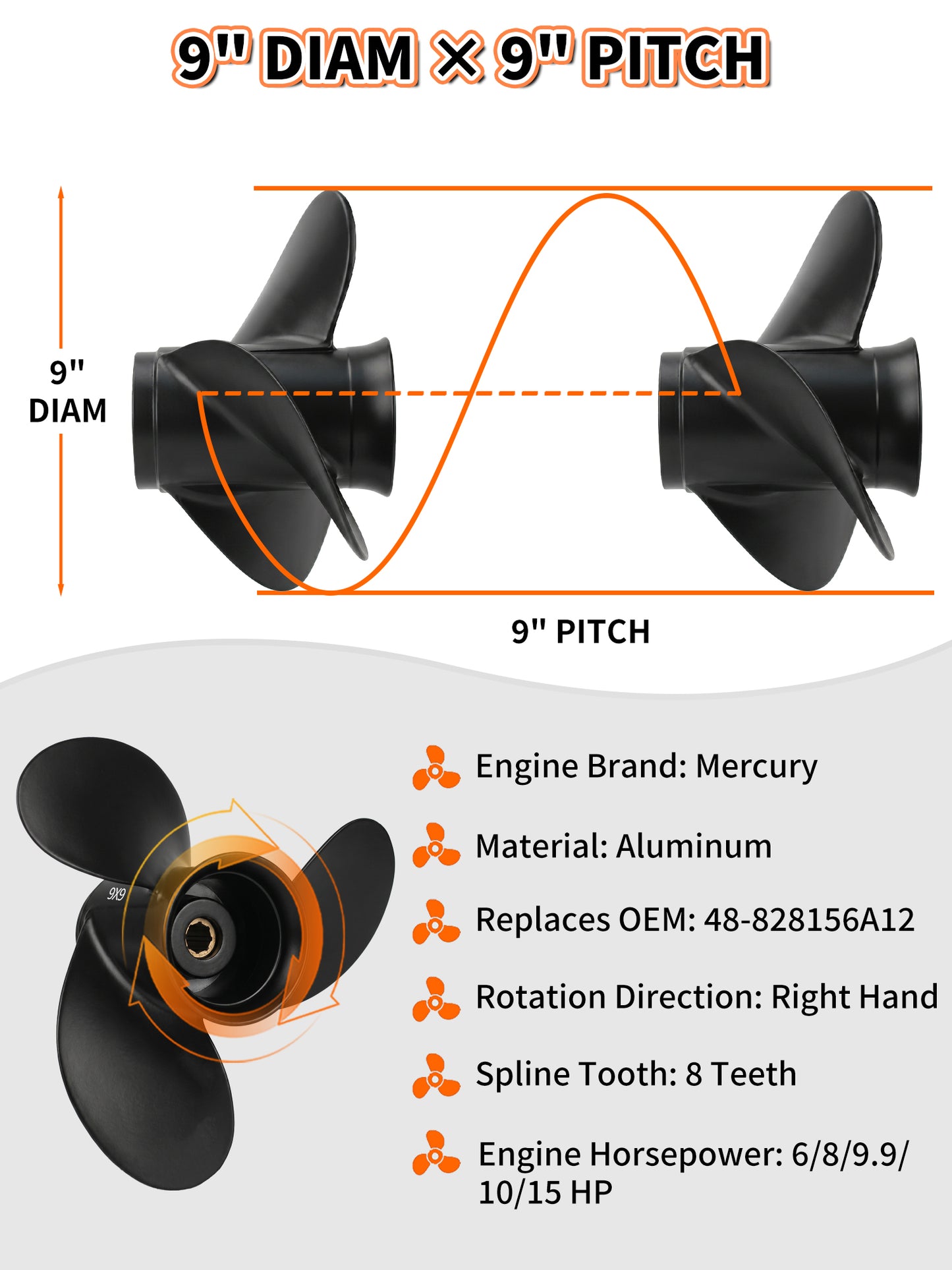 48-828156A12 Aluminum Boat Propeller, 9 x 9, for Mercury Outboard 6/8/9.9/10/15 HP Motors, 8 Tooth Spline, 3-Blade, RH