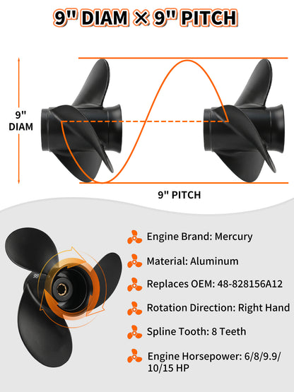 48-828156A12 Aluminum Boat Propeller, 9 x 9, for Mercury Outboard 6/8/9.9/10/15 HP Motors, 8 Tooth Spline, 3-Blade, RH