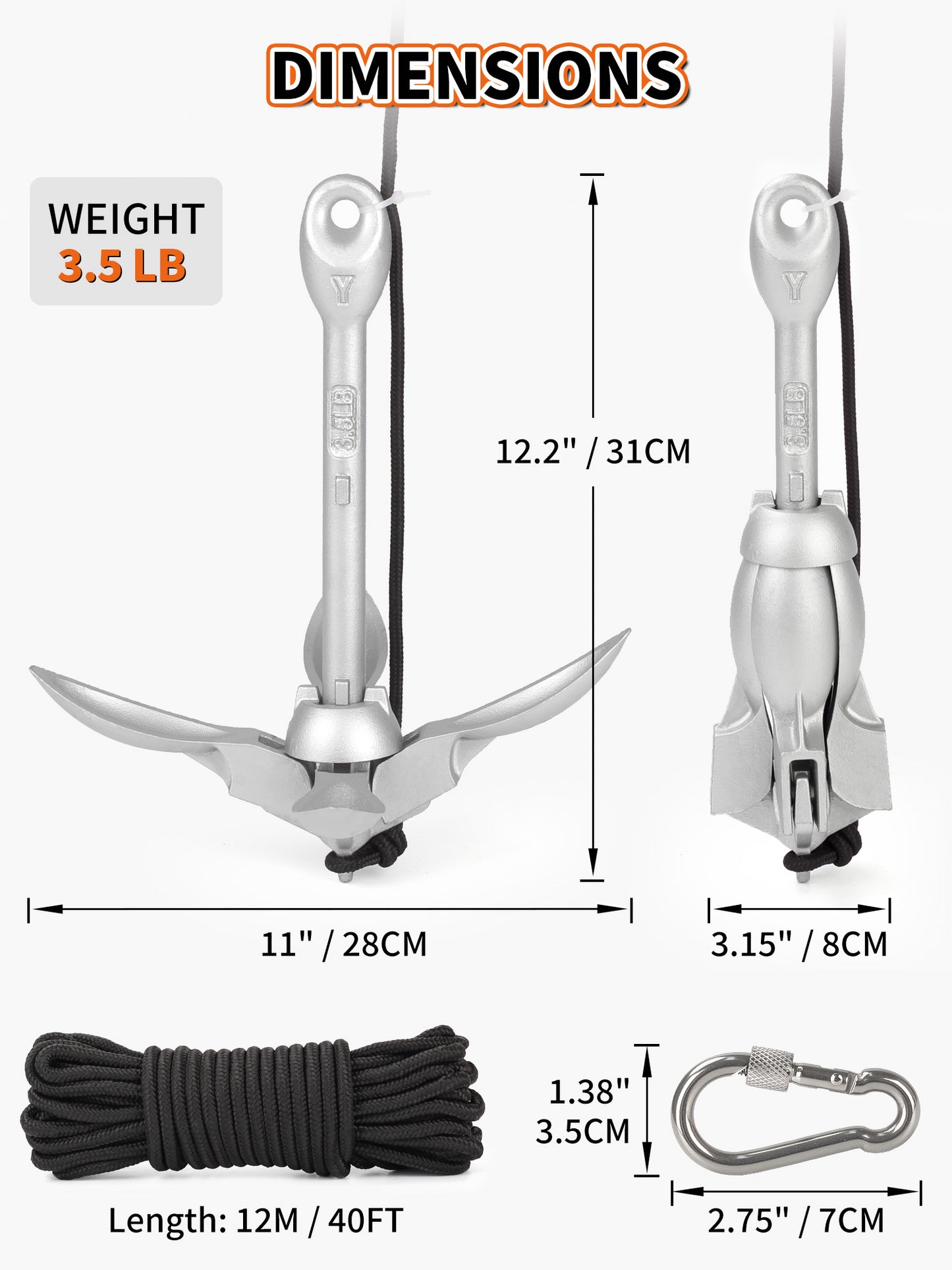 3.5 LB Folding Grapnel Anchor Kit with 40 FT Rope & Buoy, for Boat, Kayak, Canoe, Small Watercraft, SUP, PWC, Jet Ski, Inflatable Paddle Board