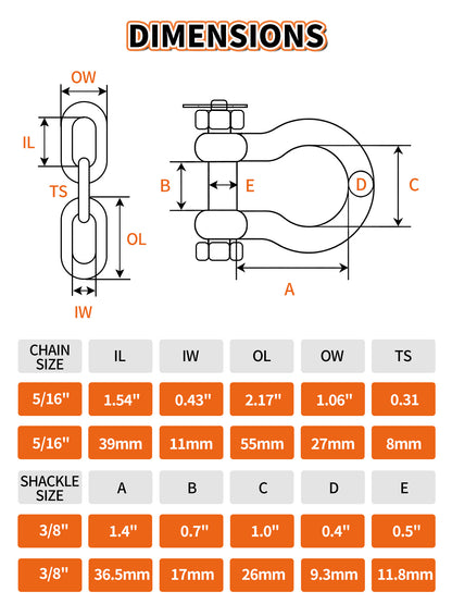 5/16" 316 Stainless Steel Boat Anchor Chain Kit, Heavy-Duty Marine Lead Chain with 2 Anti-Off Shackles for Pontoon & Sailboat