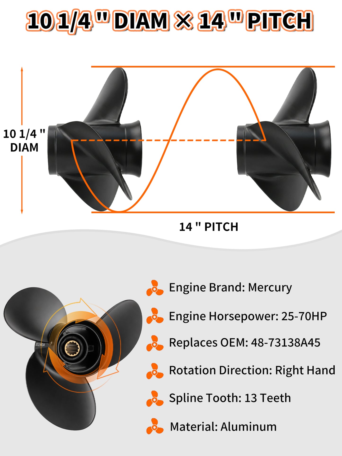 10 1/4 x 14 Aluminum Boat Propeller, for Mercury Outboard 25-75 HP Motors, 13 Tooth Spline, 3-Blade, RH