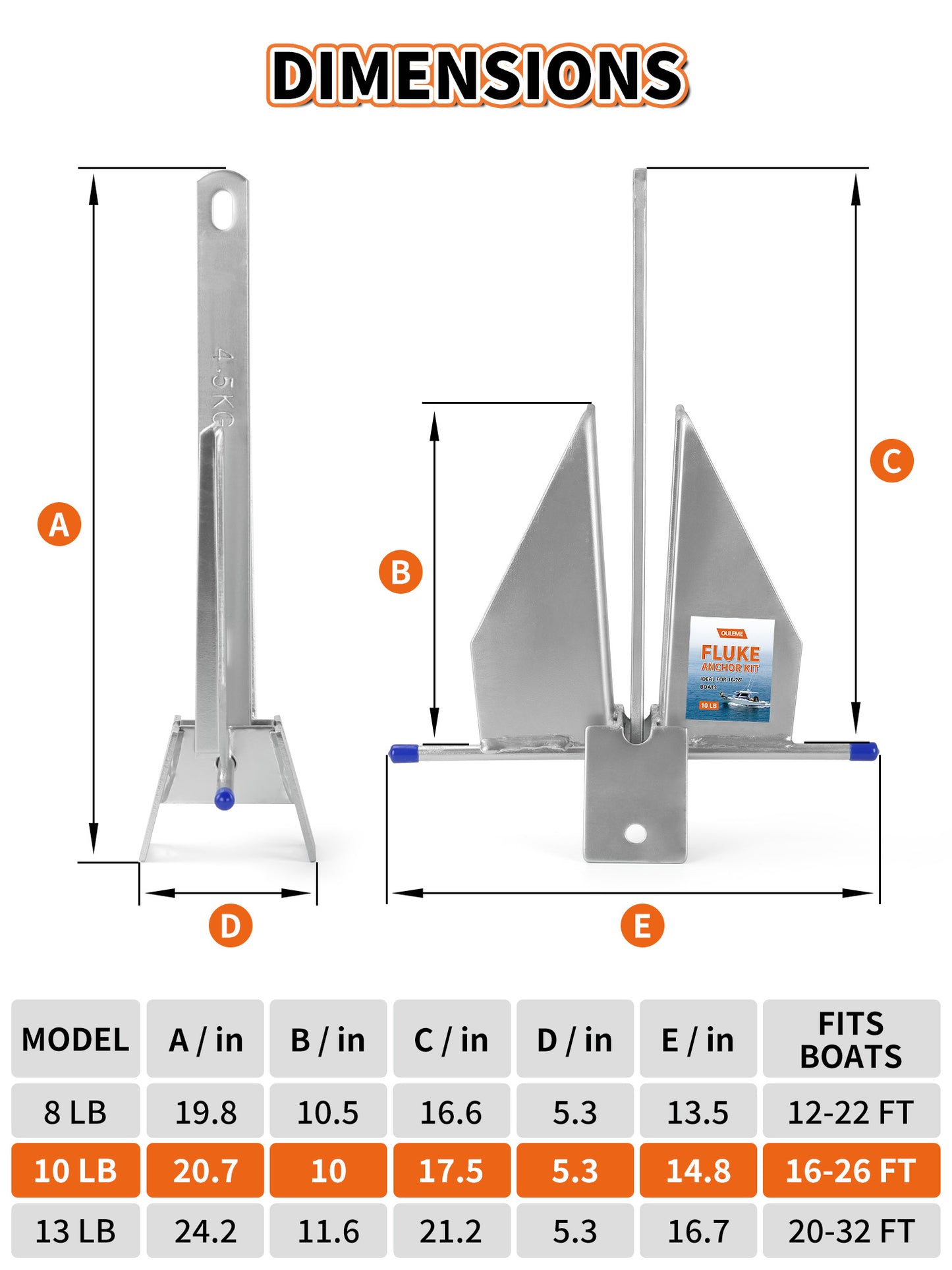 8/10/13 LB Fluke Anchor Kit with 100 FT Nylon Rope, Chain and Shackles, Danforth Anchor for Pontoon, Dinghies, Fishing and Bass Boats 12-32 FT