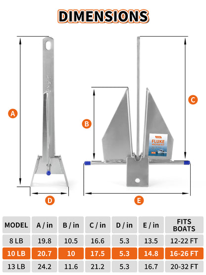8/10/13 LB Fluke Anchor Kit with 100 FT Nylon Rope, Chain and Shackles, Danforth Anchor for Pontoon, Dinghies, Fishing and Bass Boats 12-32 FT
