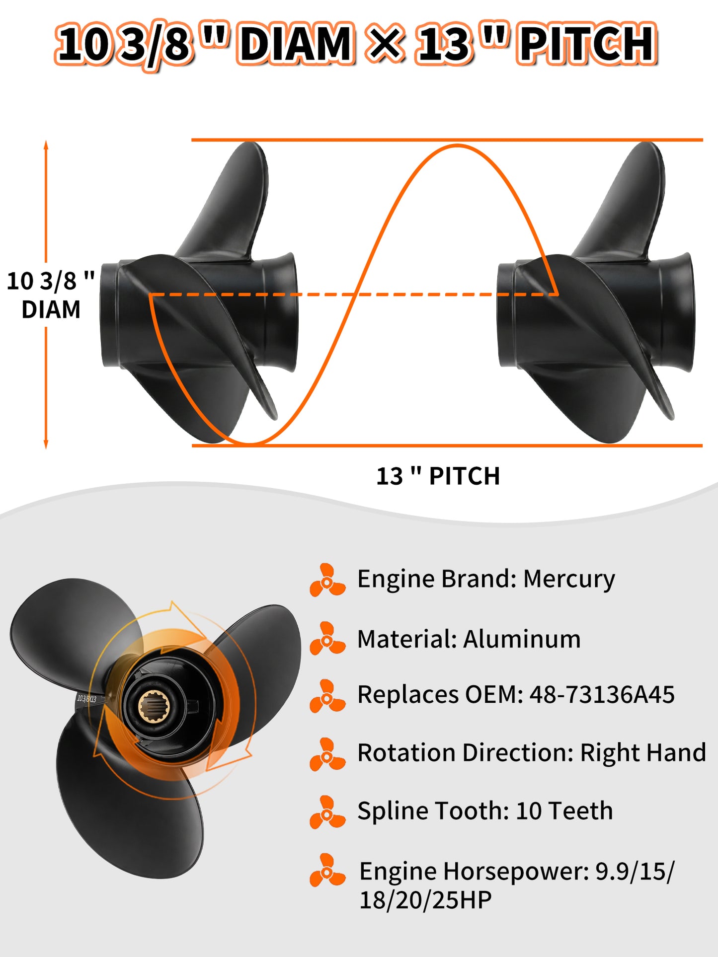 48-19640A40 Aluminum Boat Propeller, 10 3/8 x 13, for Mercury Outboard 9.9/15/18/20/25 HP Motors, 10 Tooth Spline, 3-Blade, RH