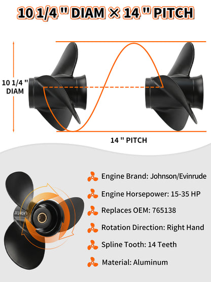Aluminum Boat Propeller, 10 1/4 x 14, for Johnson/Evinrude Outboard 15-35 HP Motors, 14 Tooth Spline, 3-Blade, RH