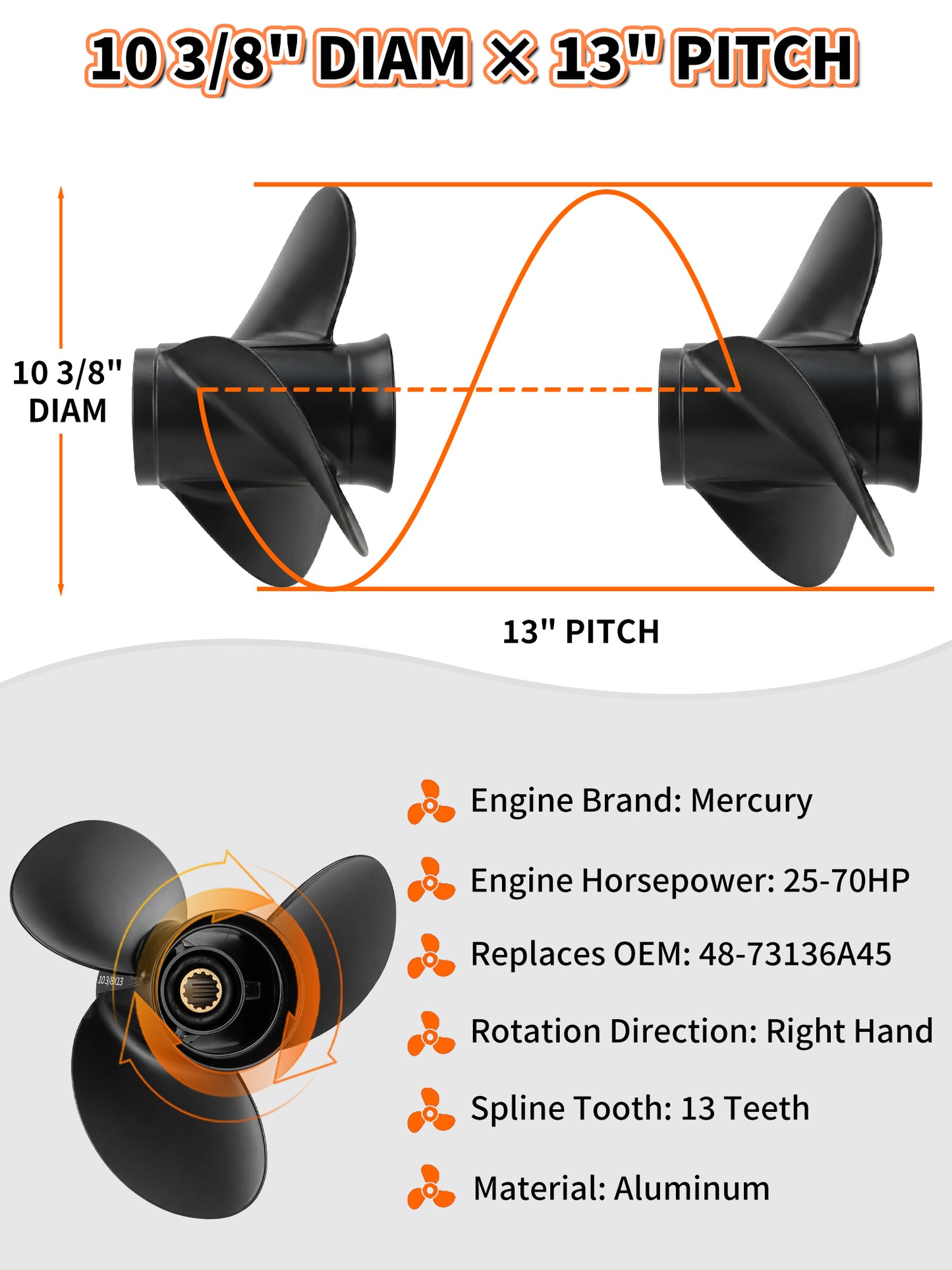 10 3/8 x 13 Aluminum Boat Propeller, for Mercury Outboard 25-75 HP Motors, 13 Tooth Spline, 3-Blade, RH