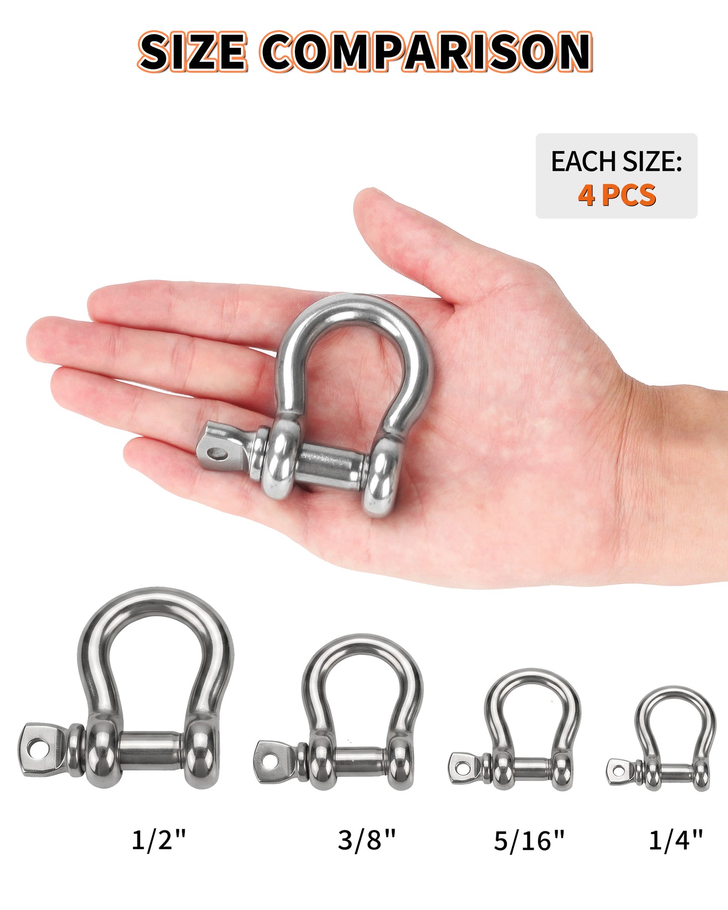 3/8" Bow Shackle, Marine Grade 316 Stainless Steel D-Ring Shackle, Heavy Duty Screw Pin Anchor Shackle for Boat, Sailboat, Chain, Strap and Rigging, 4-Pack
