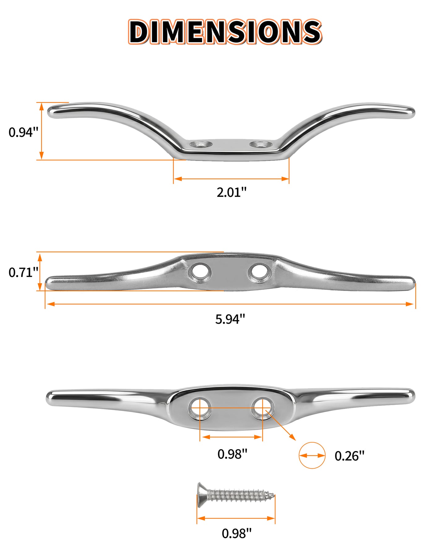6" Boat Cleat, 316 Stainless Steel Marine Grade Dock Cleat with Mounting Screws, Heavy Duty Rope Cleat for Kayak, Yacht, Flagpole and Nautical Decor, 2-Pack