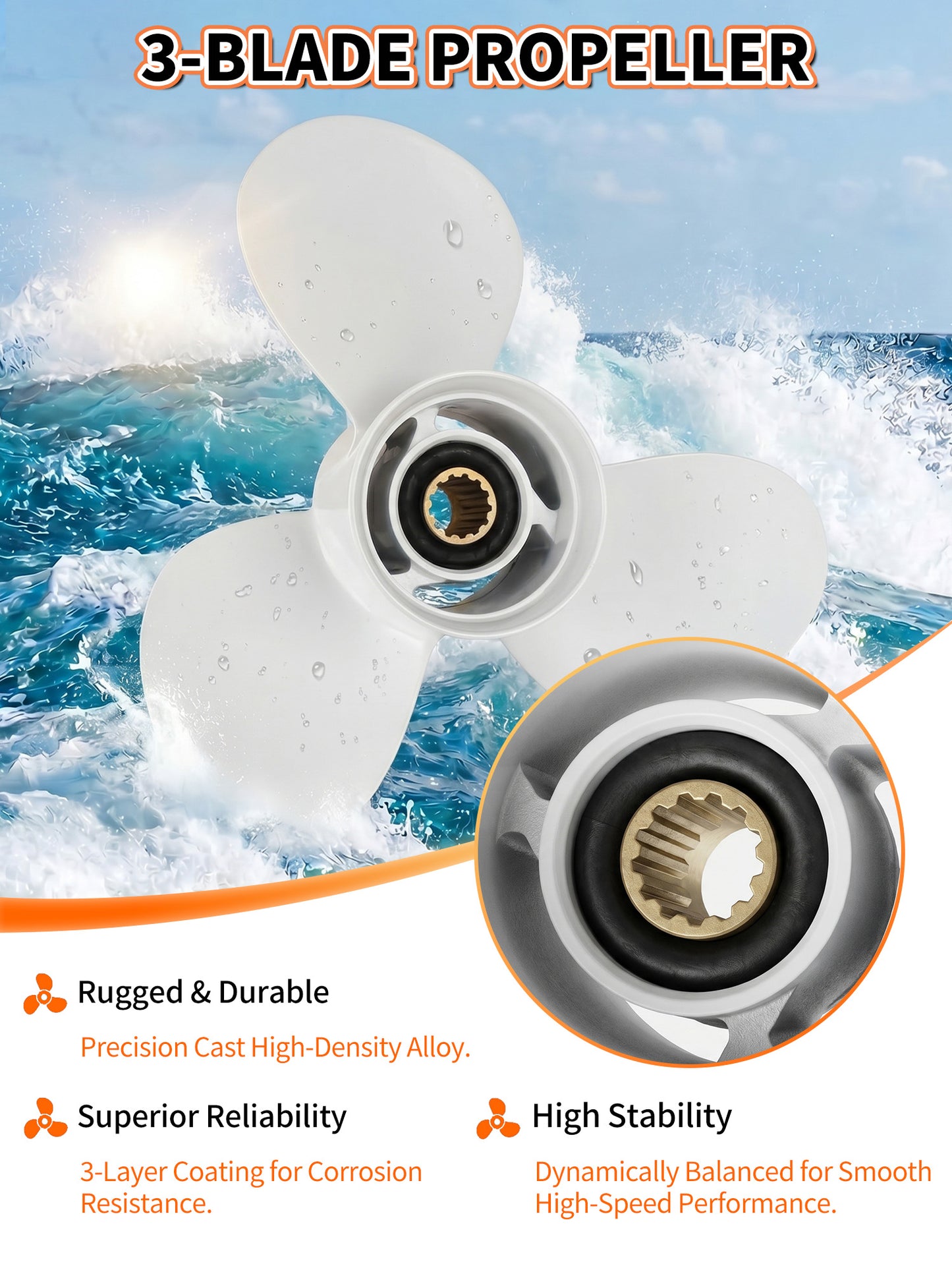 Stainless Steel Boat Propeller, 11 5/8 x 11, for Yamaha Outboard 40/48/50/55/60 HP Motors, 13 Tooth Spline, 3-Blade, RH