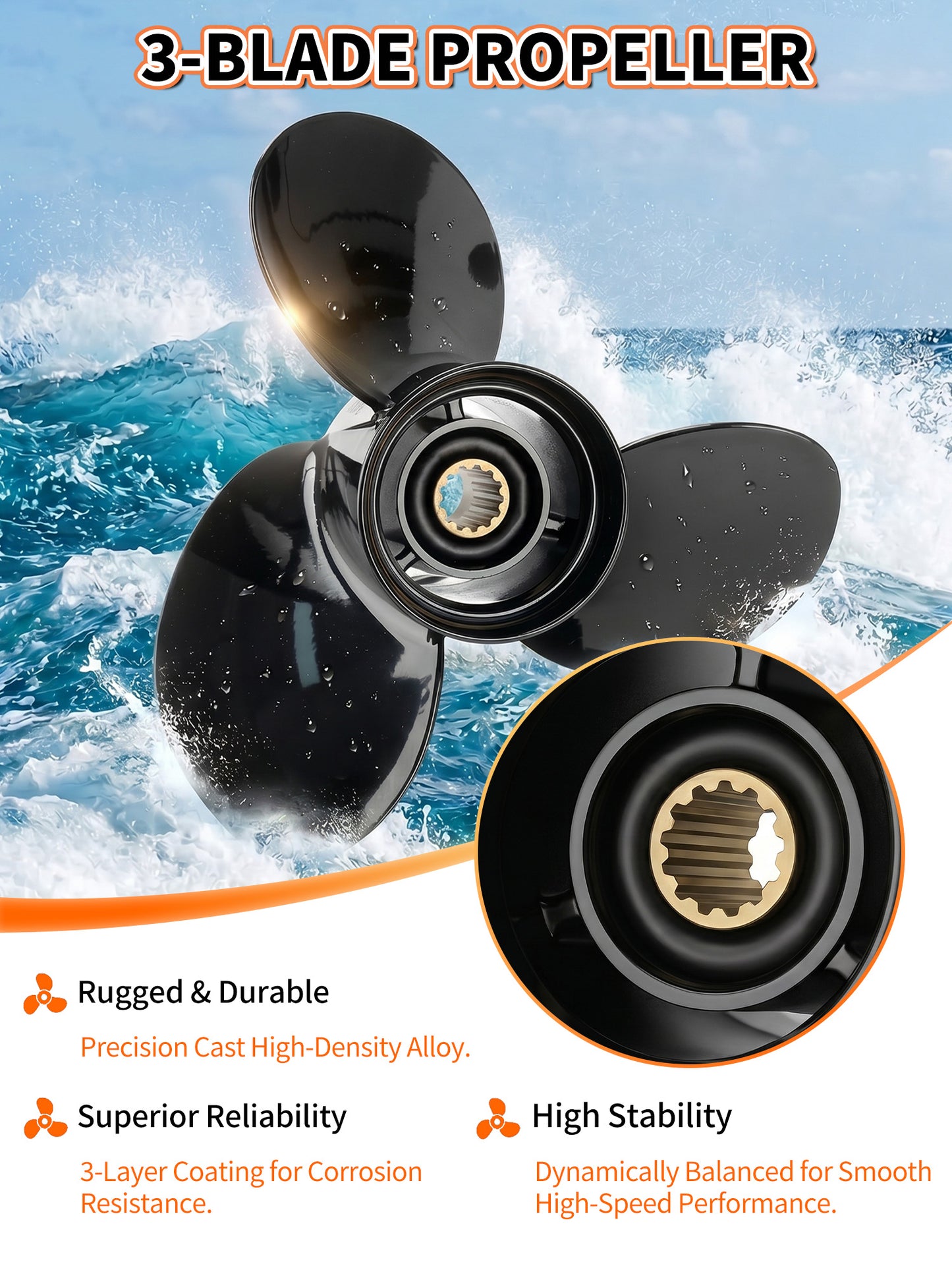 10 3/4 x 12 Aluminum Boat Propeller, for Mercury Outboard 25-75 HP Motors, 13 Tooth Spline, 3-Blade, RH