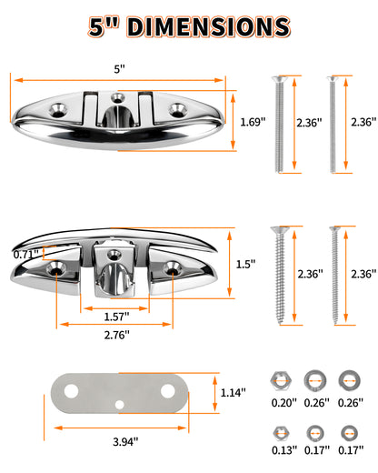 5" Flip Up Boat Cleat, 316 Stainless Steel Folding Dock Cleat with Fasteners, Marine Grade Rope Cleats for Kayak, Yacht & Pontoon, 2-Pack/4-Pack