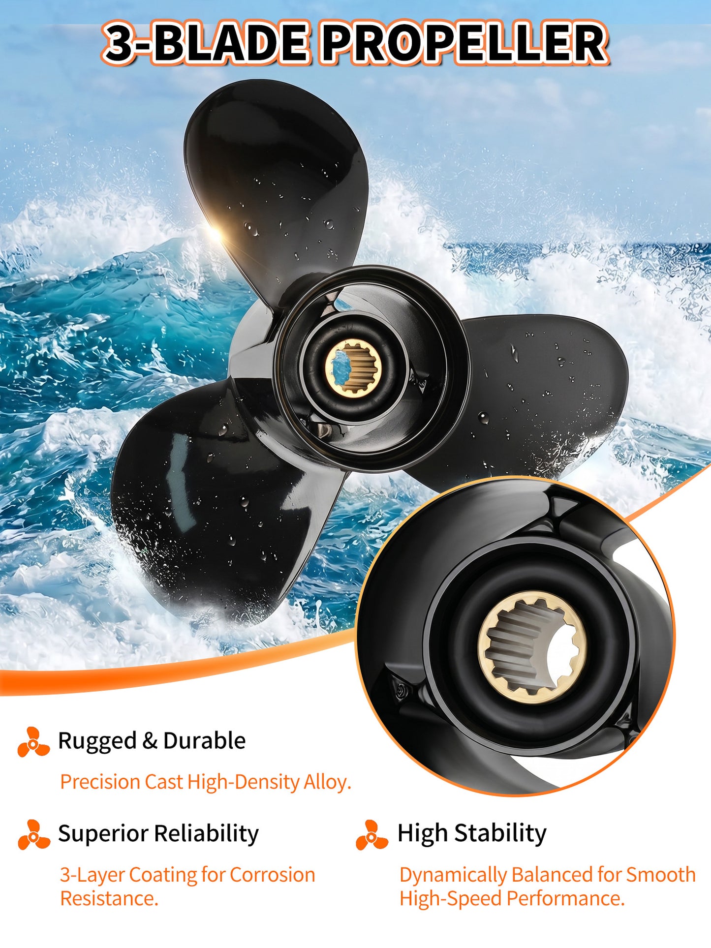 11 x 15 Aluminum Boat Propeller, for Mercury Outboard 25-75 HP Motors, 13 Tooth Spline, 3-Blade, RH