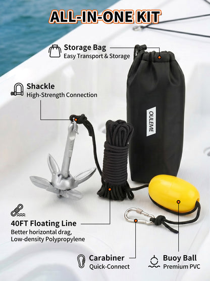 1.5/3.5 LB Folding Grapnel Anchor Kit with 40 FT Rope & Buoy, for Boat, Kayak, Canoe, Small Watercraft, SUP, PWC, Jet Ski, Inflatable Paddle Board