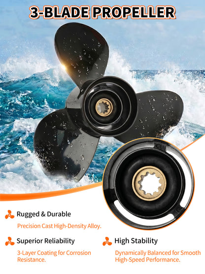 10 3/8 x 13 Aluminum Boat Propeller, for Mercury Outboard 25-75 HP Motors, 13 Tooth Spline, 3-Blade, RH