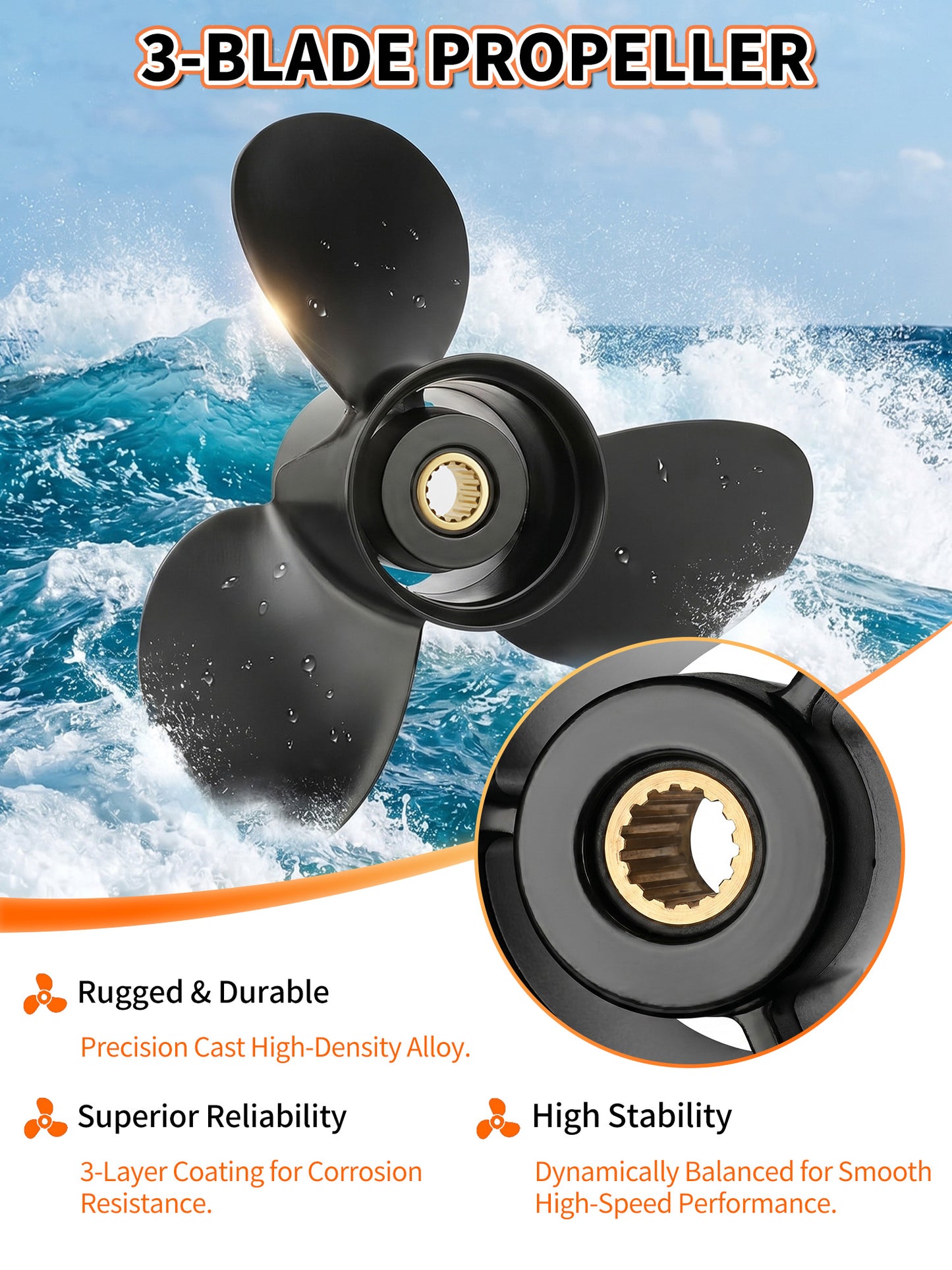 Aluminum Boat Propeller  14 1/4 x 21, for Mercury Outboard 135-300 HP Motors, 15 Tooth Spline, 3-Blade, RH