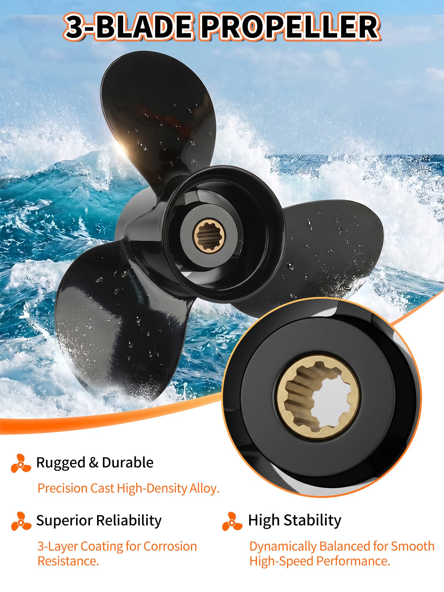 Aluminum Boat Propeller, 9.5 x 11, for Mercury Outboard 25-30 HP Motors, 10 Tooth Spline, 3-Blade, RH