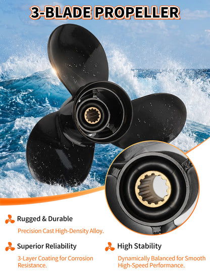 48-19640A40 Aluminum Boat Propeller, 10 3/8 x 13, for Mercury Outboard 9.9/15/18/20/25 HP Motors, 10 Tooth Spline, 3-Blade, RH
