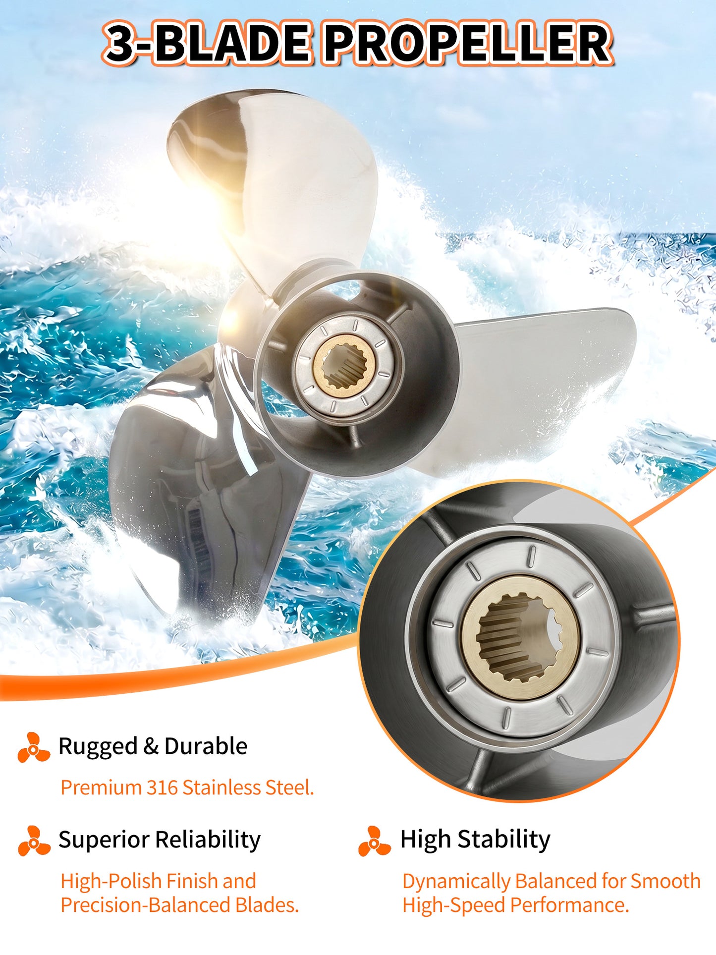 Boat Propeller, 13 x 17, for Yamaha Outboard 50-130 HP Motors, 15 Tooth Spline, 3-Blade, RH