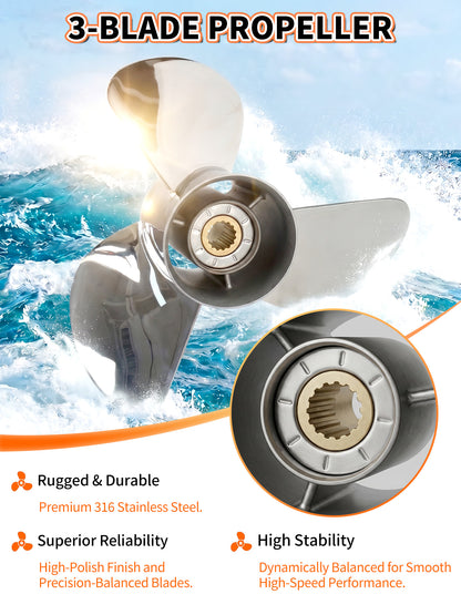 Boat Propeller, 13 x 17, for Yamaha Outboard 50-130 HP Motors, 15 Tooth Spline, 3-Blade, RH