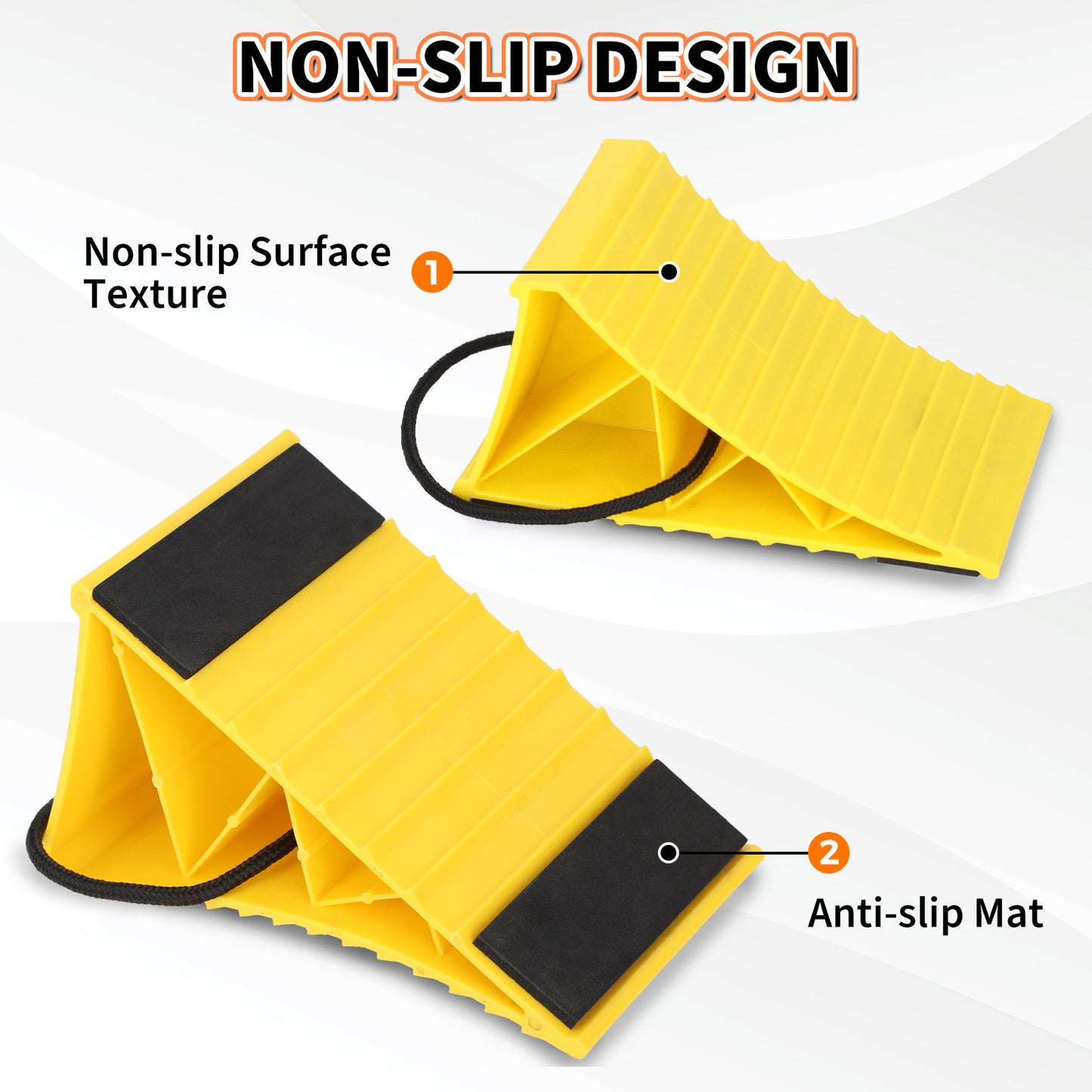 Wheel Chocks with Non-Slip Base, Lightweight Wheel Stoppers for Cars, Camper, RV &Trailer, 2 Pack, Yellow