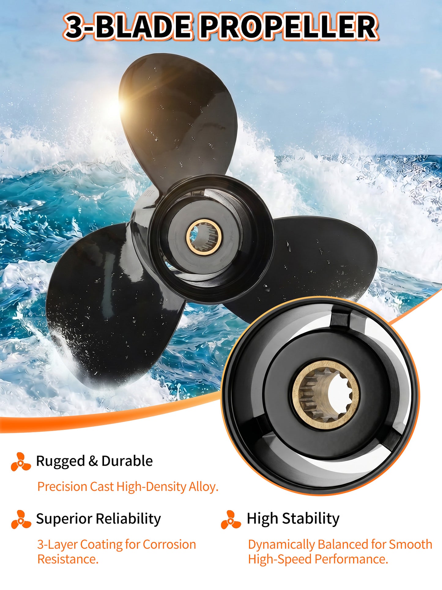 Aluminum Boat Propeller, 10 1/4 x 14, for Johnson/Evinrude Outboard 15-35 HP Motors, 14 Tooth Spline, 3-Blade, RH
