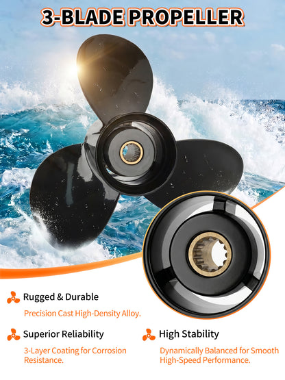 Aluminum Boat Propeller, 10 1/4 x 14, for Johnson/Evinrude Outboard 15-35 HP Motors, 14 Tooth Spline, 3-Blade, RH