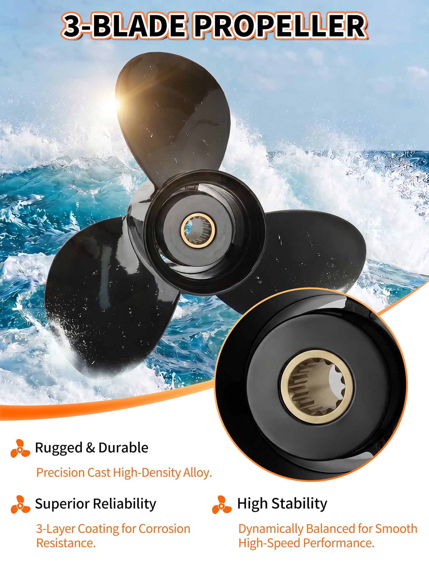 Aluminum Boat Propeller, 10.1 x 13, for Johnson/Evinrude Outboard 15-35 HP Motors, 14 Tooth Spline, 3-Blade, RH