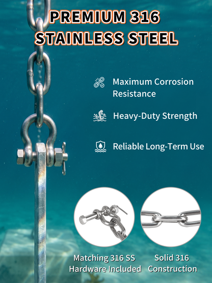 5/16" 316 Stainless Steel Boat Anchor Chain Kit, Heavy-Duty Marine Lead Chain with 2 Anti-Off Shackles for Pontoon & Sailboat