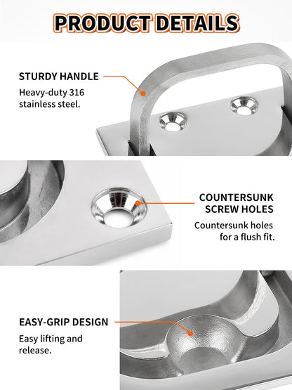316 Stainless Steel Flush Lifting Handle, Marine Grade Boat Hatch Pull Handle with Mounting Screws, Heavy-Duty Recessed Lift Ring for Boat Deck, Floor, and Home Furniture, 1-Pack/2-Pack