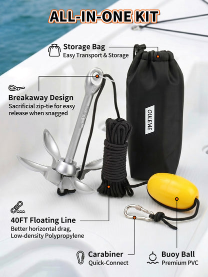 3.5 LB Folding Grapnel Anchor Kit with 40 FT Rope & Buoy, for Boat, Kayak, Canoe, Small Watercraft, SUP, PWC, Jet Ski, Inflatable Paddle Board