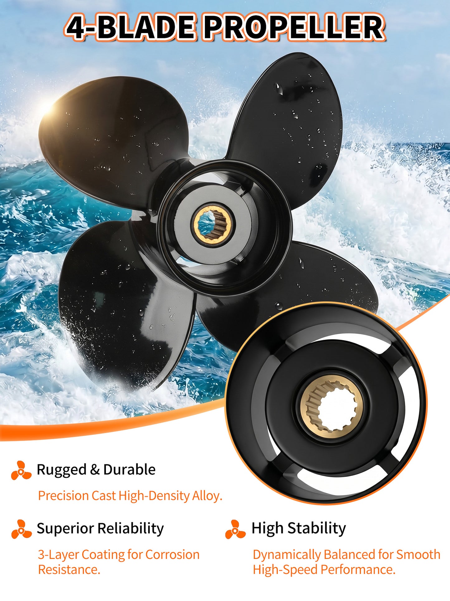 Aluminum Boat Propeller 13 x 17-4B, for Mercury Outboard 40-140 HP Motors, 15 Tooth Spline, 3/4-Blade, RH