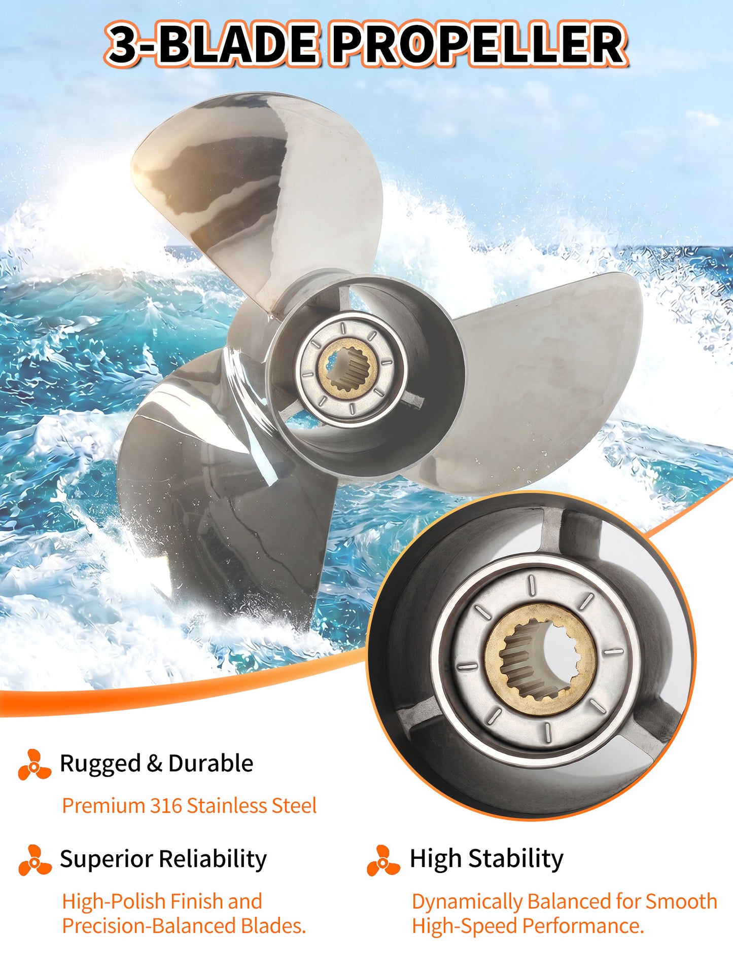 Boat Propeller, 13 1/2 x 15, for Yamaha Outboard 50-130 HP Motors, 15 Tooth Spline, 3-Blade, RH