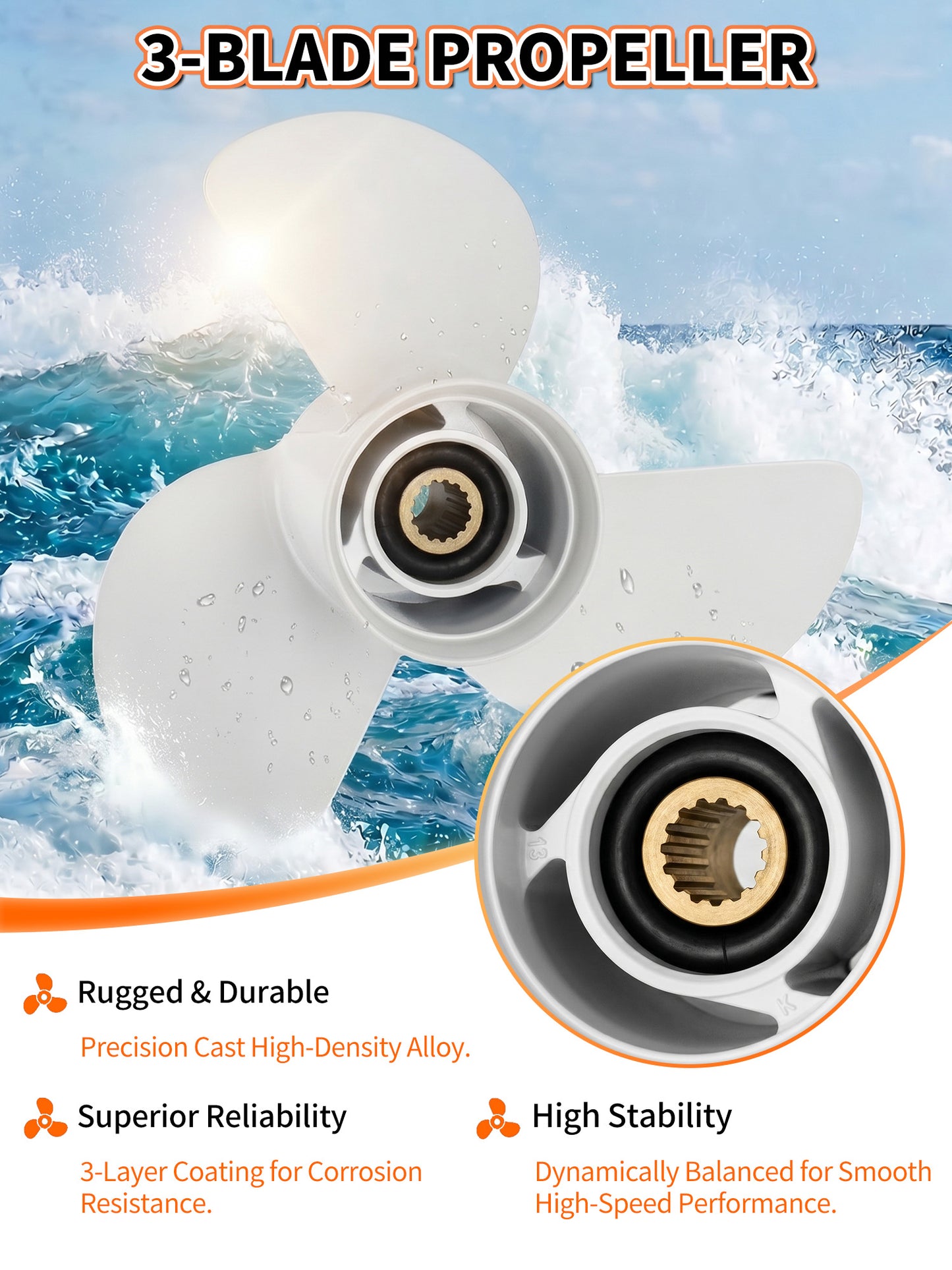 Boat Propeller, 13 5/8 x 13, for Yamaha Outboard 50-130 HP Motors, 15 Tooth Spline, 3-Blade, RH