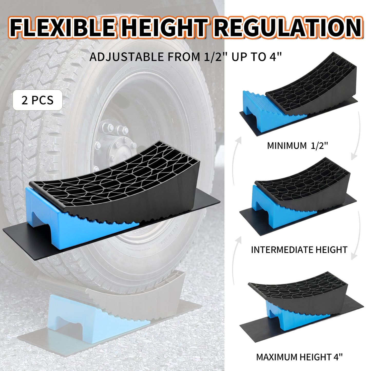 2 PK RV Leveling Block, Dual Axle Trailer Curved Leveler Ramp, Lift 1/2" to 4", 2 Curved Ramp, 2 Chock, 2 Rubber Mat, 1 T Bubble Level, 1 Carry Bag, Blue