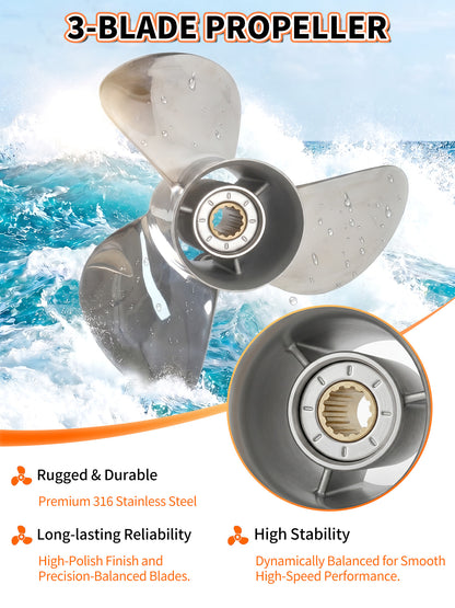 Stainless Steel Boat Propeller 10 1/4 x 16, for Yamaha Outboard 40/48/50/55/60 HP Motors, 13 Tooth Spline, 3-Blade, RH