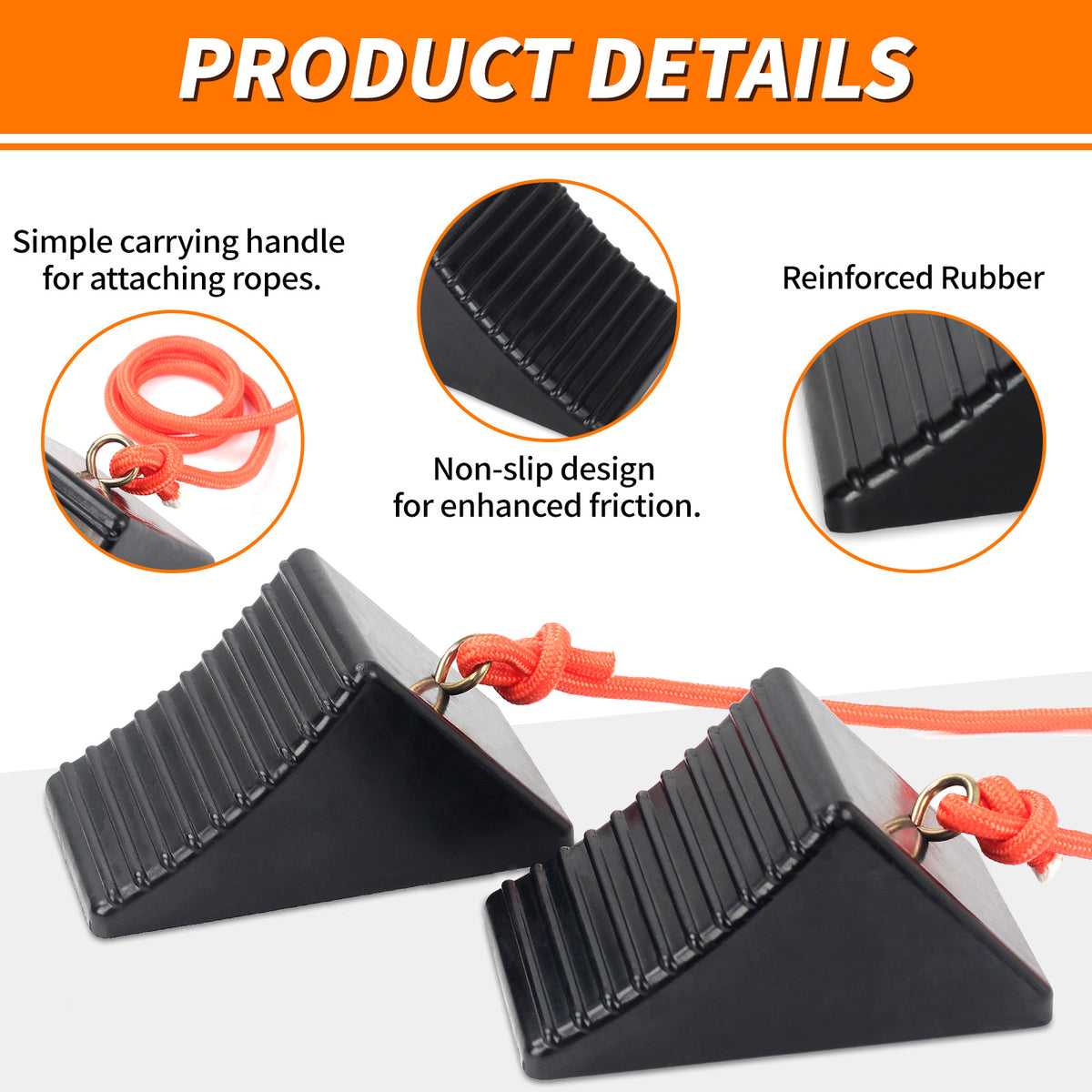 Heavy Duty Rubber Wheel Chock with Eyebolt, Solid Wheel Stopper, 8"x5"x4"(4-Pack), OLM-WC03R4