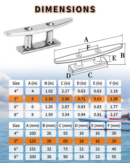 5" Boat Cleat, 316 Stainless Steel Dock Cleat with Screws, Marine Grade Rope Cleat for Deck Mooring or Nautical Decor, 2-Pack
