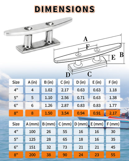 8" Boat Cleat, 316 Stainless Steel Dock Cleat with Screws, Marine Grade Rope Cleat for Deck Mooring or Nautical Decor, 2-Pack