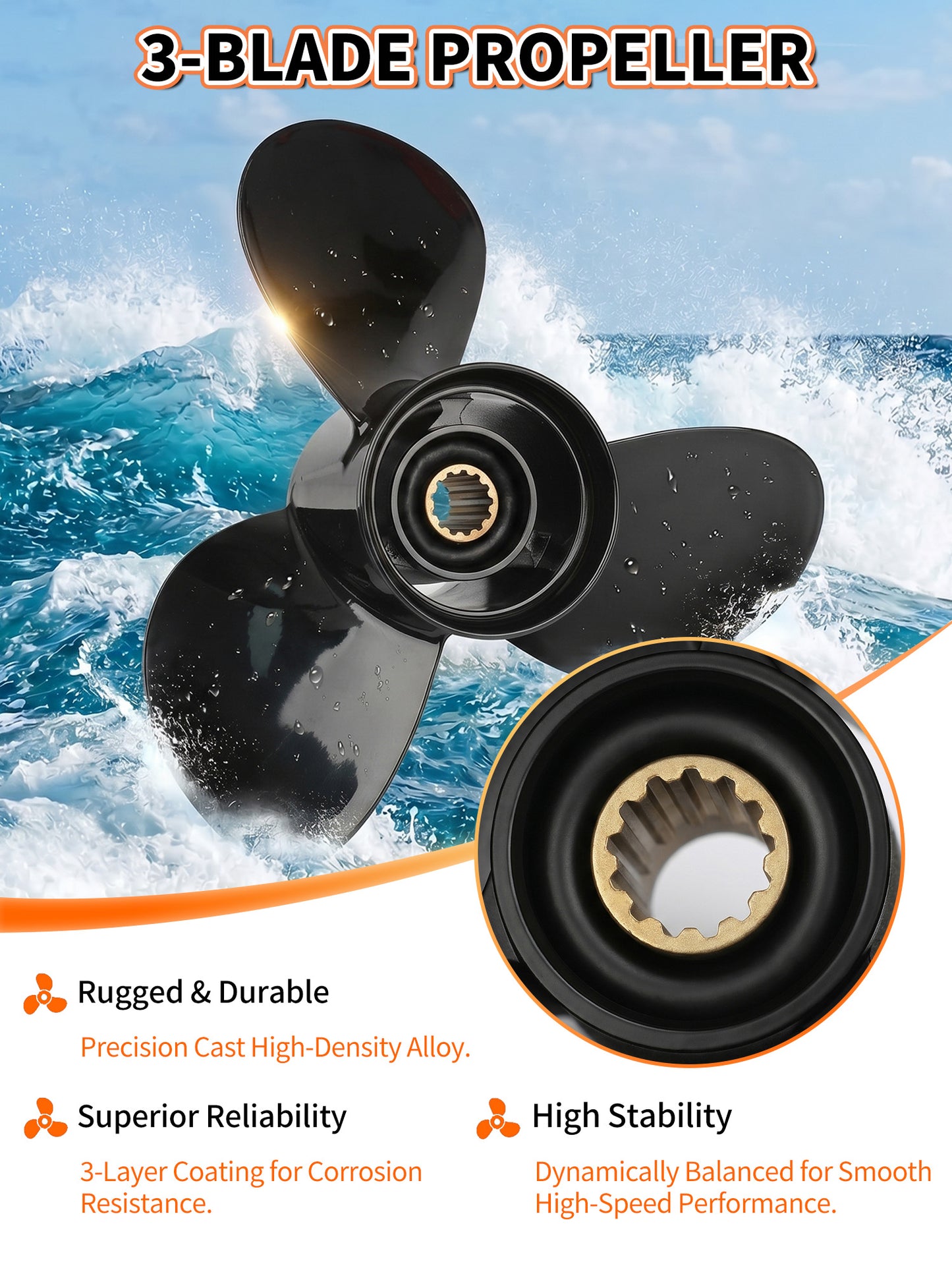 10 7/8 x 11 Aluminum Boat Propeller, for Mercury Outboard 25-75 HP Motors, 13 Tooth Spline, 3-Blade, RH