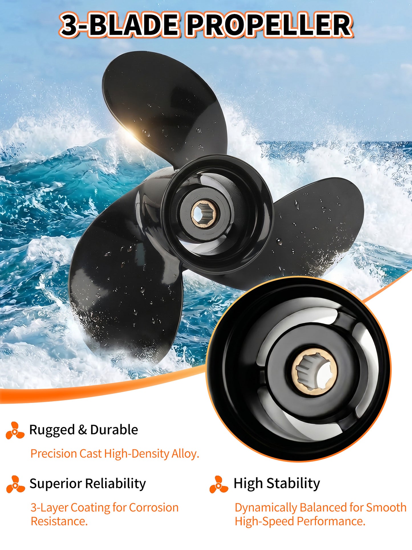48-828156A12 Aluminum Boat Propeller, 9 x 9, for Mercury Outboard 6/8/9.9/10/15 HP Motors, 8 Tooth Spline, 3-Blade, RH