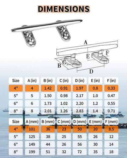 4" Boat Cleat, 316 Stainless Steel Open Base Dock Cleat, Marine Grade Rope Cleat with Fasteners for Deck Mooring and Nautical Decor, 2-Pack/4-Pack