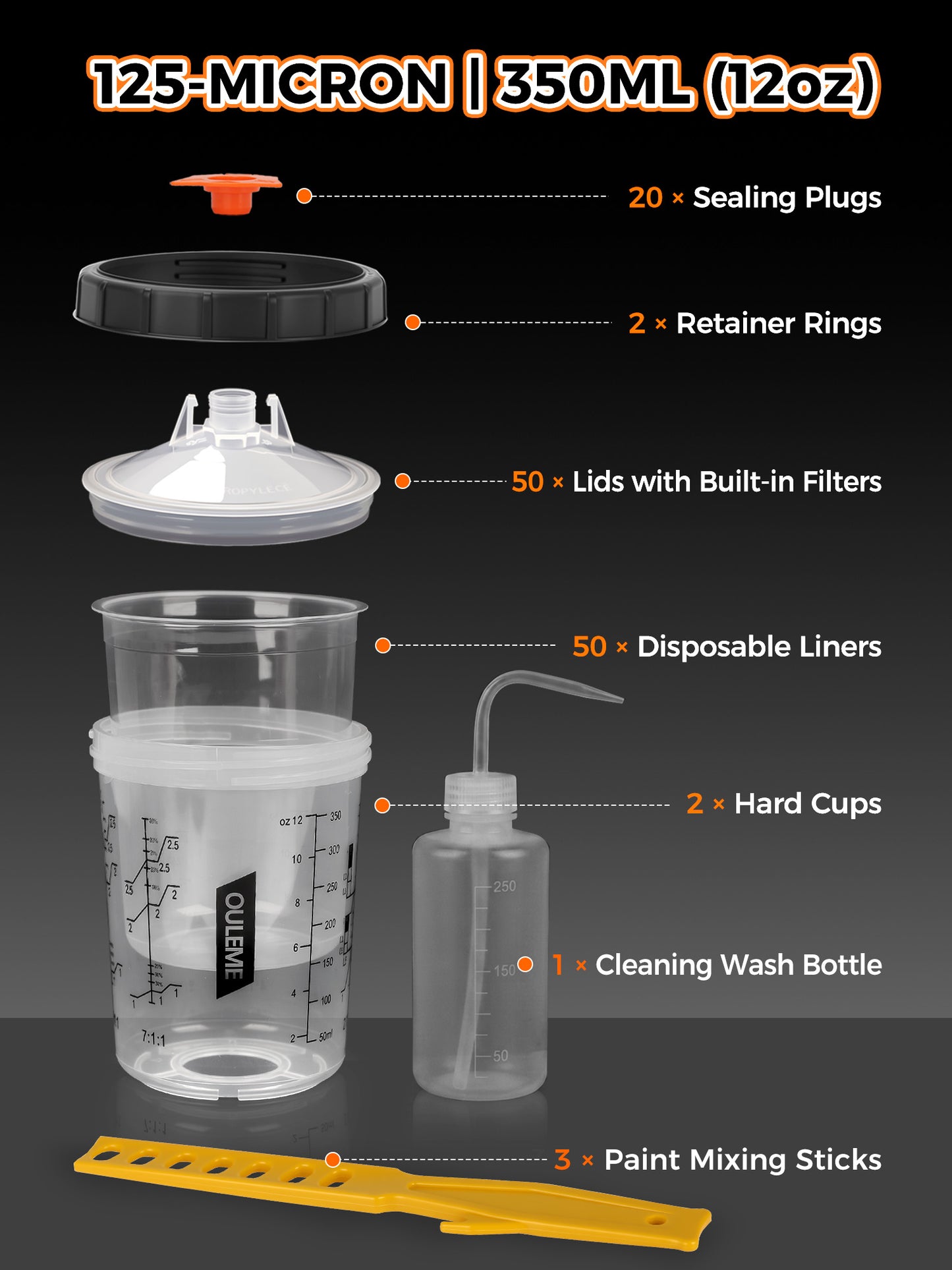 12/20/27oz Disposable Paint Cup System, 50Pk Liners & Lids with 5 Adapters COMPATIBLE with 3M PPS 1.0, Fits SATA, Iwata, DeVilbiss, WARTE HVLP & LVLP Spray Guns; 125/190 Micron Filter Lids, 360° Leakproof
