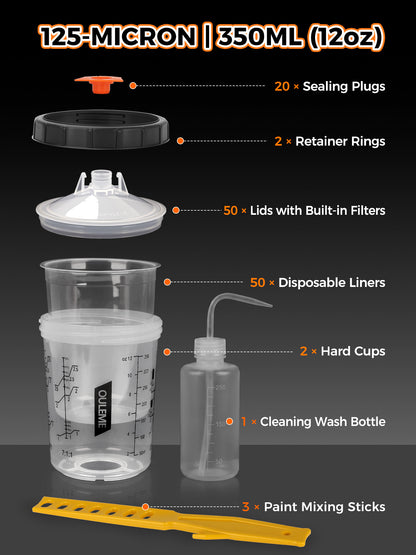 12/20/27oz Disposable Paint Cup System, 50Pk Liners & Lids with 5 Adapters COMPATIBLE with 3M PPS 1.0, Fits SATA, Iwata, DeVilbiss, WARTE HVLP & LVLP Spray Guns; 125/190 Micron Filter Lids, 360° Leakproof