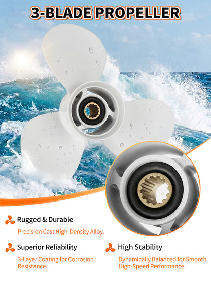 Stainless Steel Boat Propeller, 11 1/8 x 13, for Yamaha Outboard 40/48/50/55/60 HP Motors, 13 Tooth Spline, 3-Blade, RH