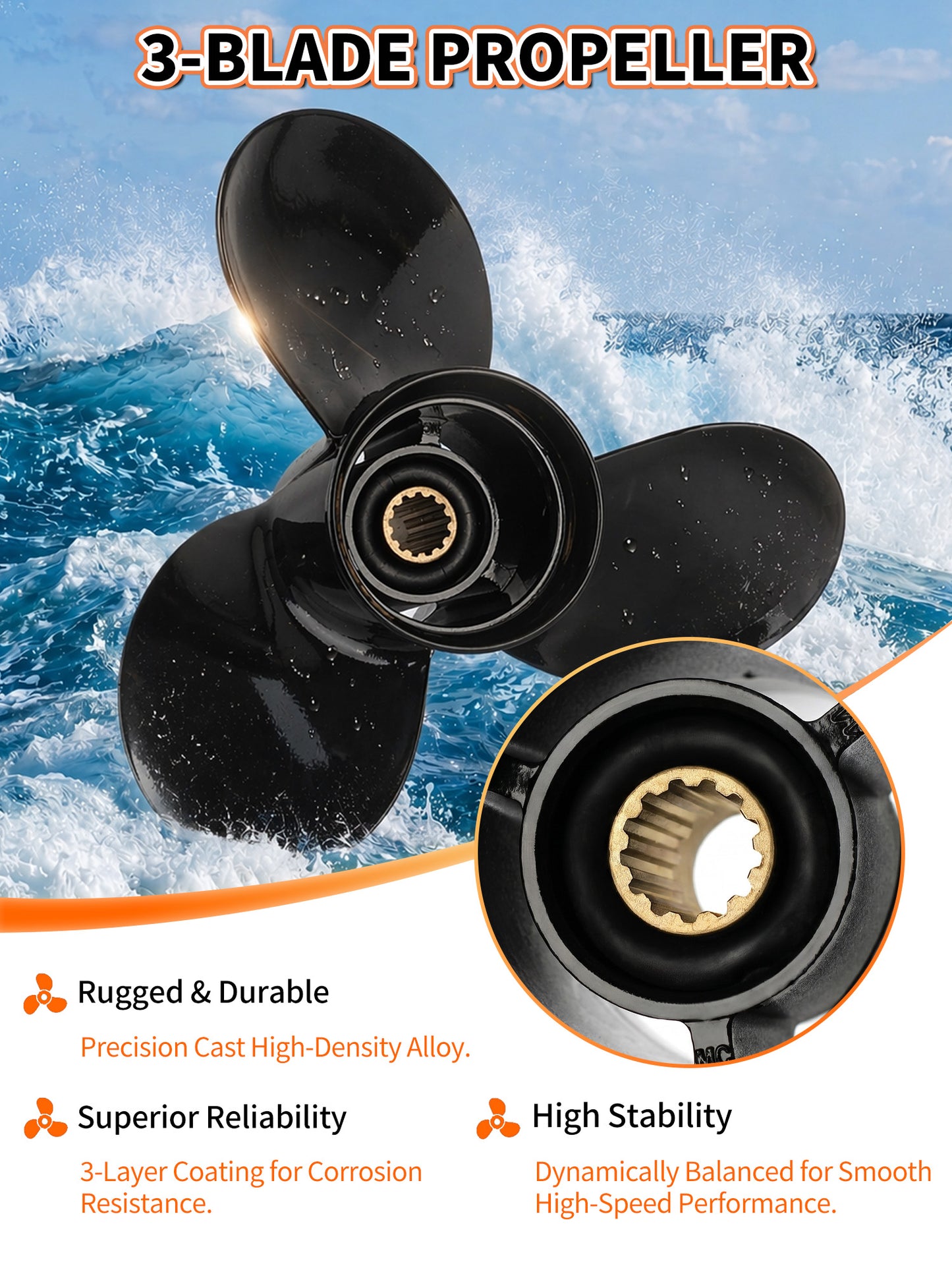 10 3/8 x 14 Aluminum Boat Propeller, for Mercury Outboard 25-75 HP Motors, 13 Tooth Spline, 3-Blade, RH