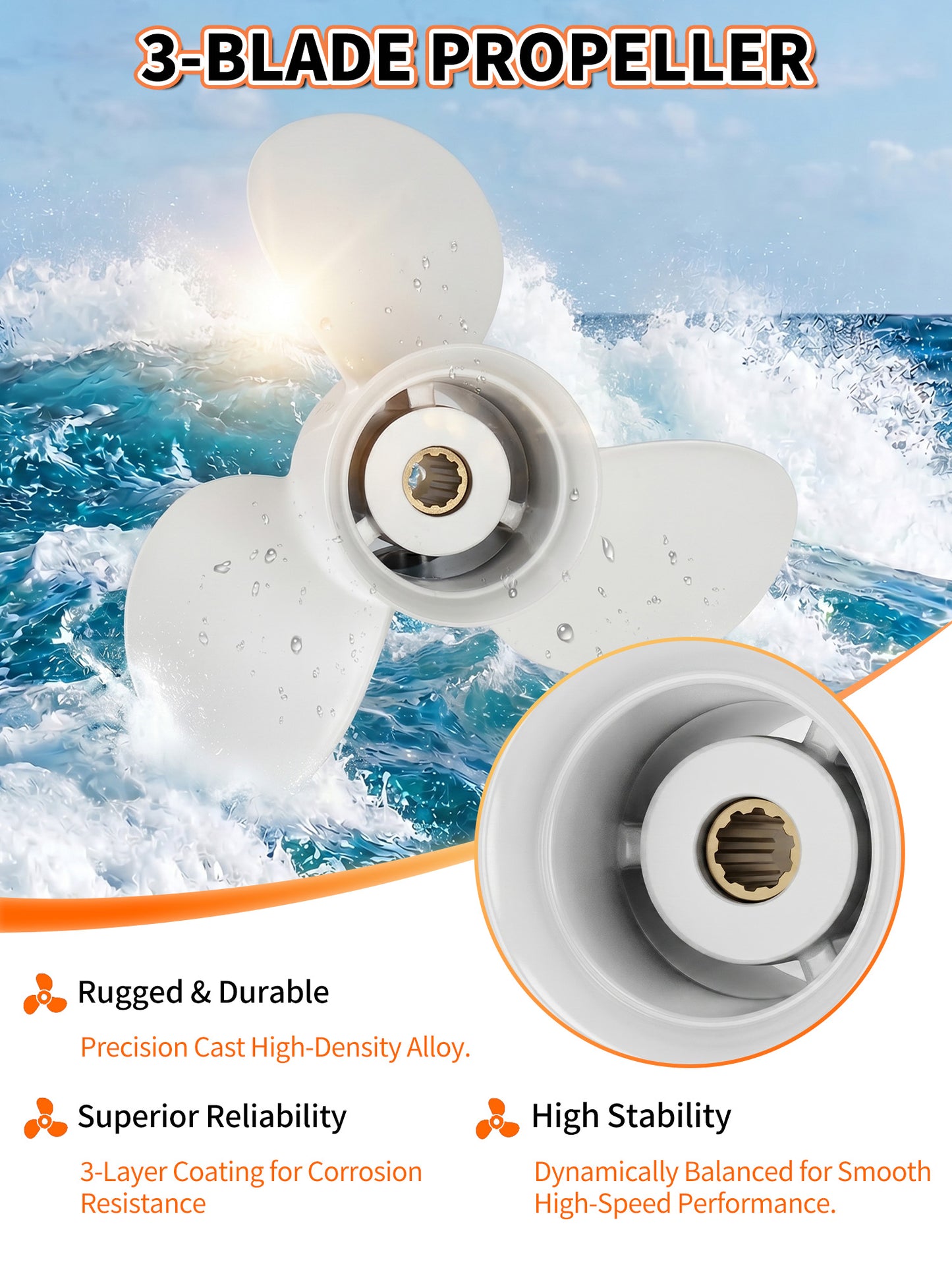 664-45947-01-EL Aluminum Boat Propeller, 9 7/8 x 11 1/4, for Yamaha Outboard 20-30 HP Motors, 10 Tooth Spline, 3-Blade, RH