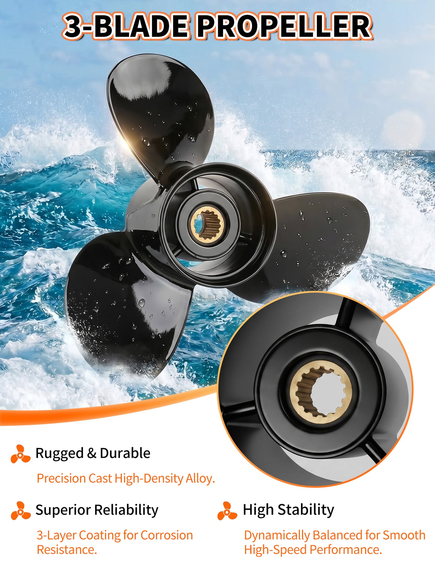 Aluminum Boat Propeller 15 1/4 x 15, for Mercury Outboard 135-300 HP Motors, 15 Tooth Spline, 3-Blade, RH